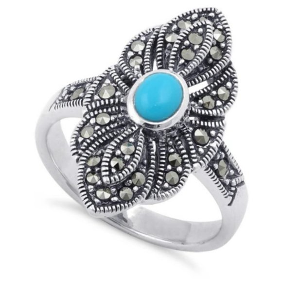925 STERLING SILVER Simulated Turquoise Marcasite Ring - Picture 15 of 15